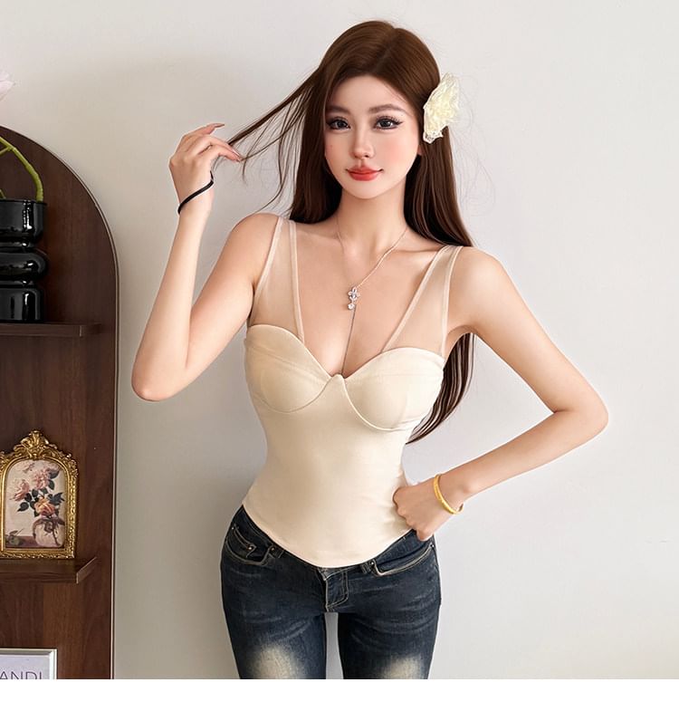 Mesh Panel Tank with V-Neck and Plain Finish