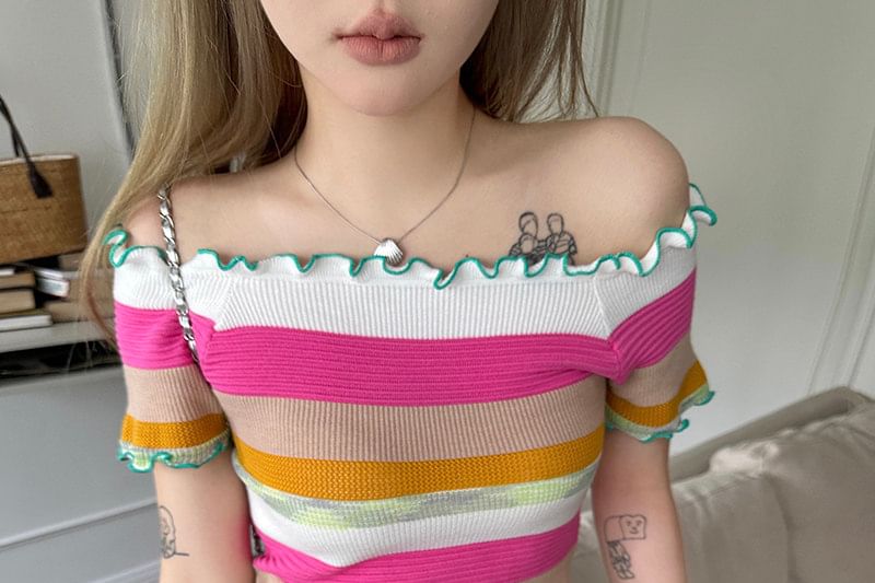 Multicolor Striped Ribbed Knit Top with Lettuce Edge