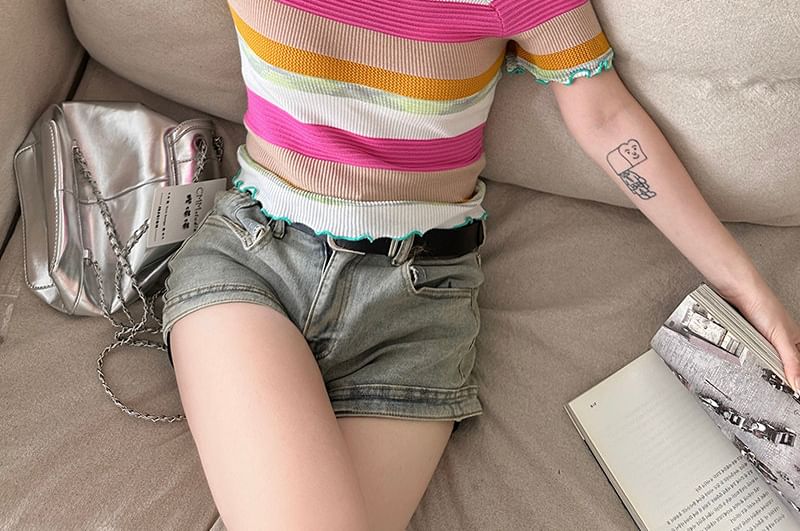 Multicolor Striped Ribbed Knit Top with Lettuce Edge