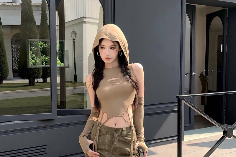 Hooded Cutout Crop Top Set with Arm Sleeves
