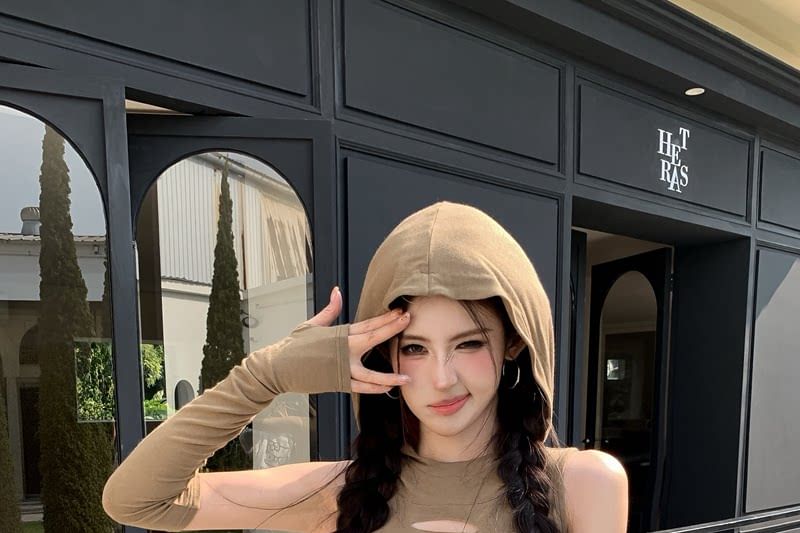 Hooded Cutout Crop Top Set with Arm Sleeves