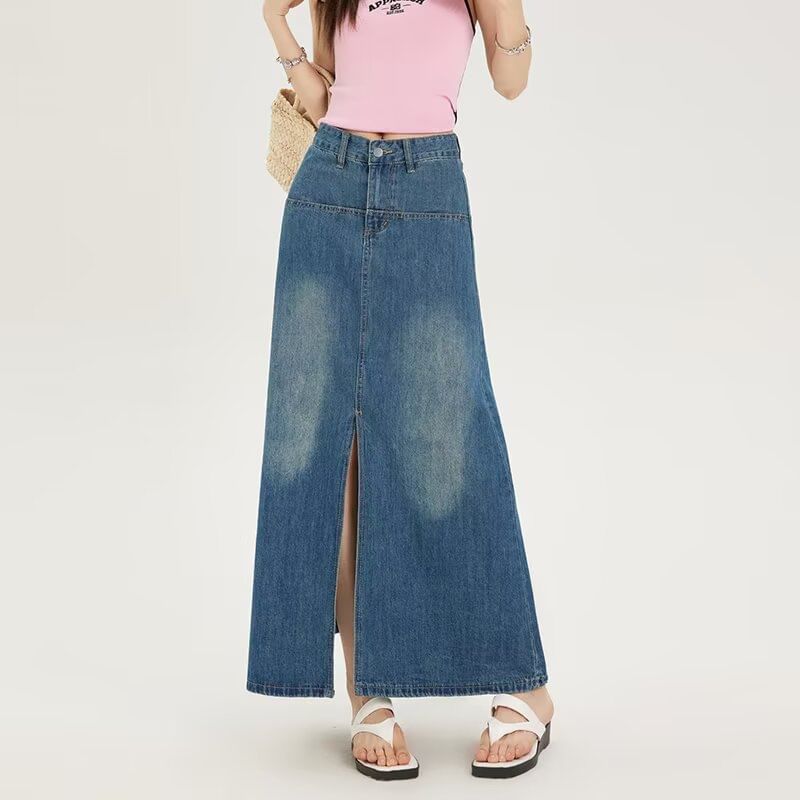 Mid Rise Washed Slit Maxi A-Line Denim Skirt