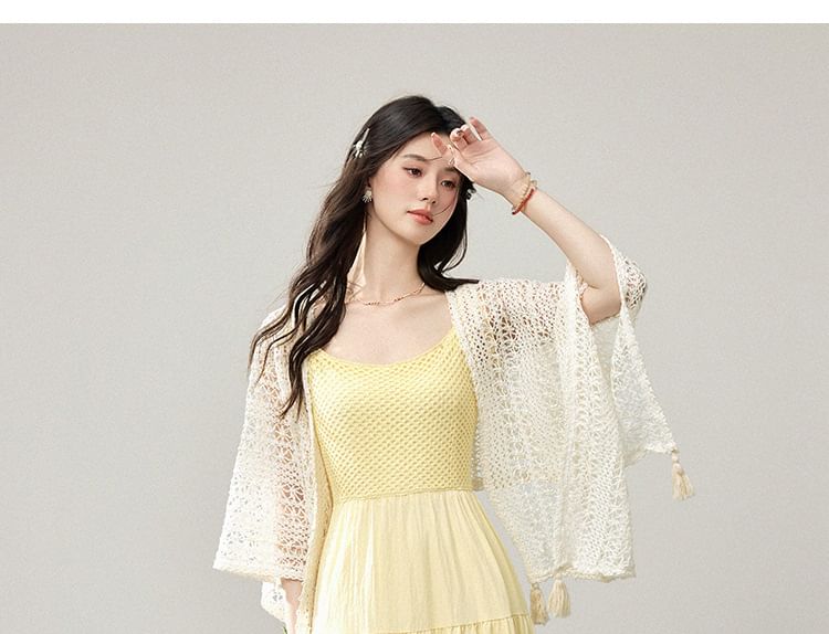 Spaghetti Strap V-Neck Plain Frill Trim Fringed Maxi A-Line Dress / Shawl