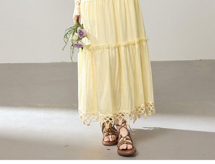 Spaghetti Strap V-Neck Plain Frill Trim Fringed Maxi A-Line Dress / Shawl