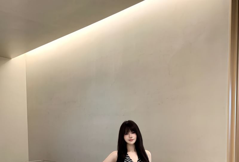 Sleeveless V-Neck Striped Slit Maxi A-Line Dress