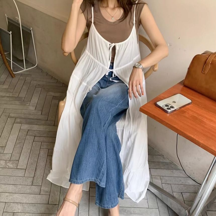 Spaghetti Strap Slit Hem Plain Maxi A-Line Dress