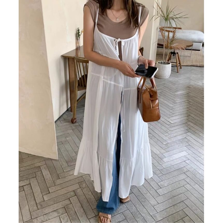 Spaghetti Strap Slit Hem Plain Maxi A-Line Dress
