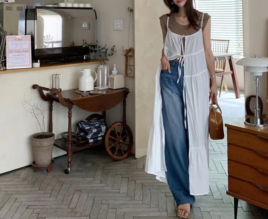 Spaghetti Strap Slit Hem Plain Maxi A-Line Dress
