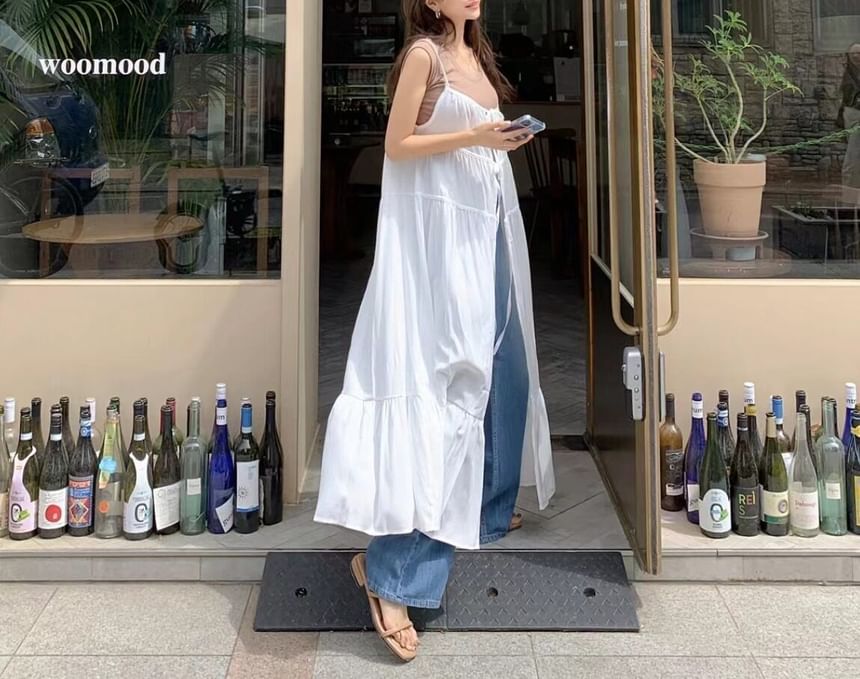Spaghetti Strap Slit Hem Plain Maxi A-Line Dress