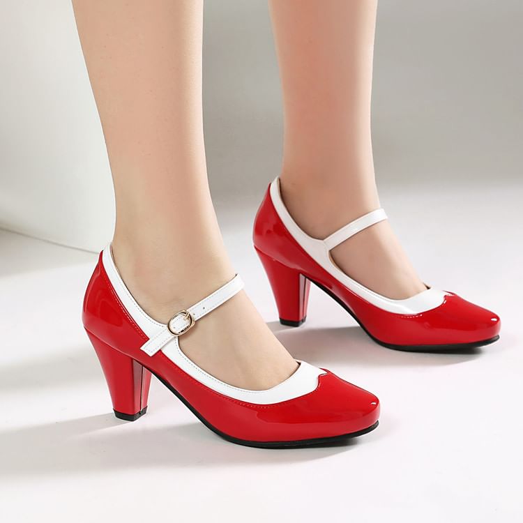 Round Toe Contrast Trim Chunky Heel Mary Jane Pumps