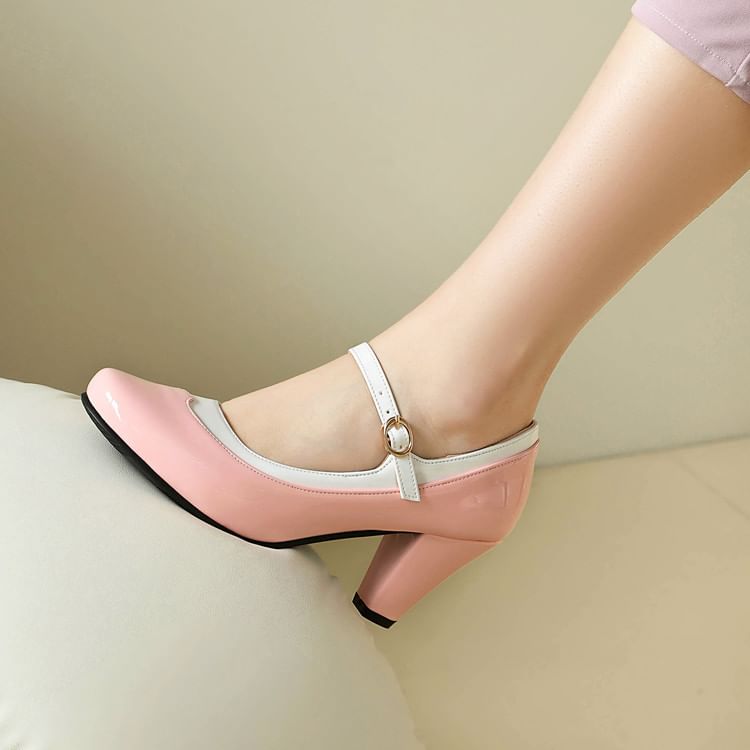 Round Toe Contrast Trim Chunky Heel Mary Jane Pumps