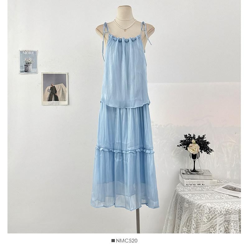 Spaghetti Strap Plain Ruffle Maxi Sundress