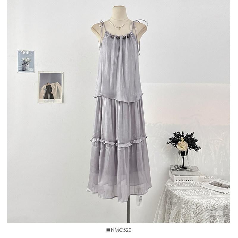 Spaghetti Strap Plain Ruffle Maxi Sundress