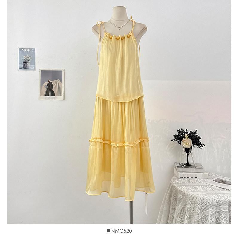 Spaghetti Strap Plain Ruffle Maxi Sundress