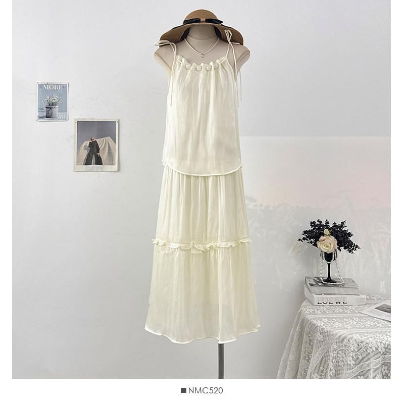 Spaghetti Strap Plain Ruffle Maxi Sundress