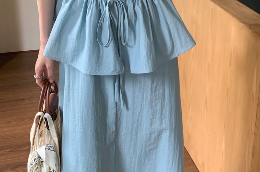 Sleeveless V-Neck Plain Peplum Slit Maxi A-Line Dress