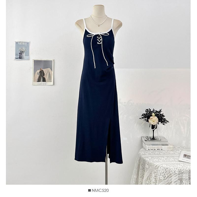 Spaghetti Strap Contrast Trim Lace Up Slit Maxi A-Line Dress