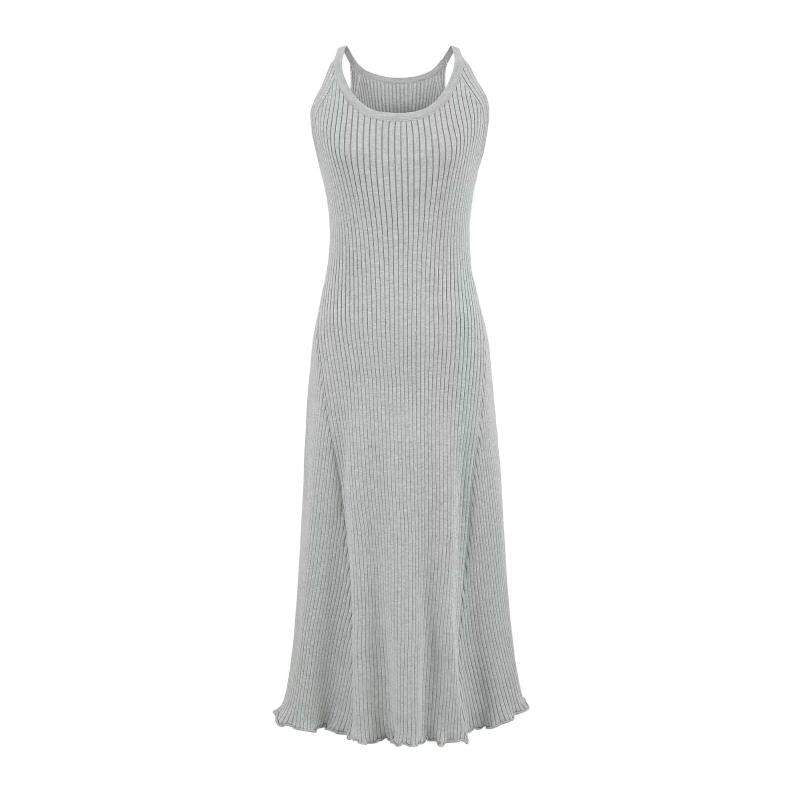 Spaghetti Strap Scoop Neck Plain Lettuce Edge Maxi A-Line Knit Dress