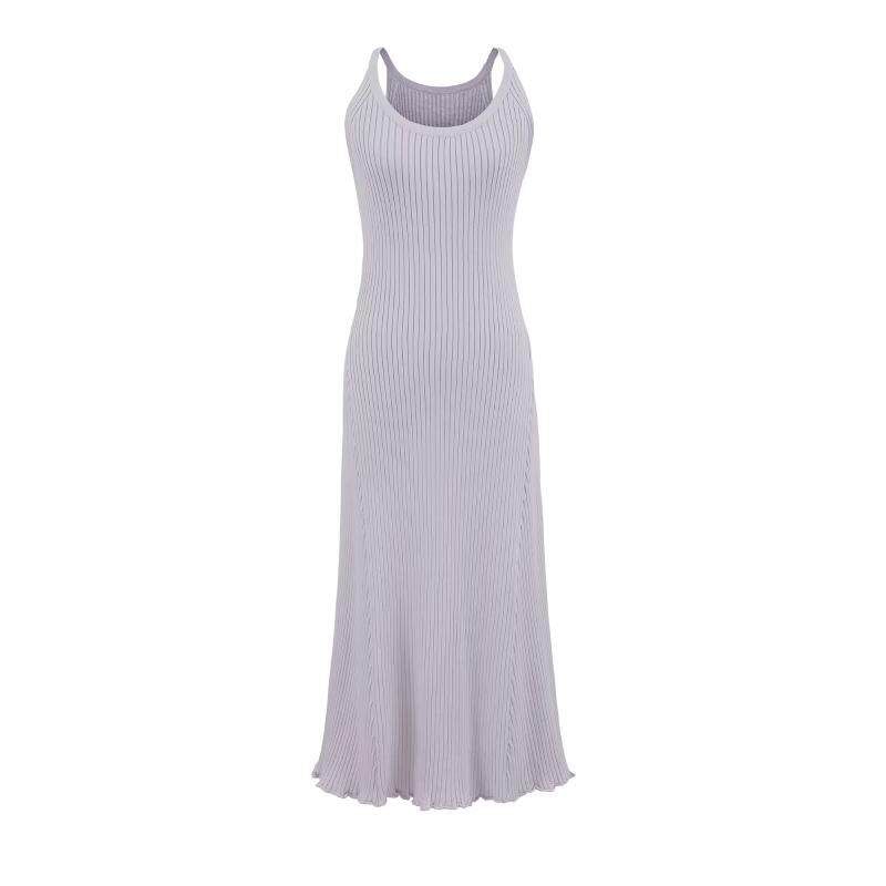 Spaghetti Strap Scoop Neck Plain Lettuce Edge Maxi A-Line Knit Dress