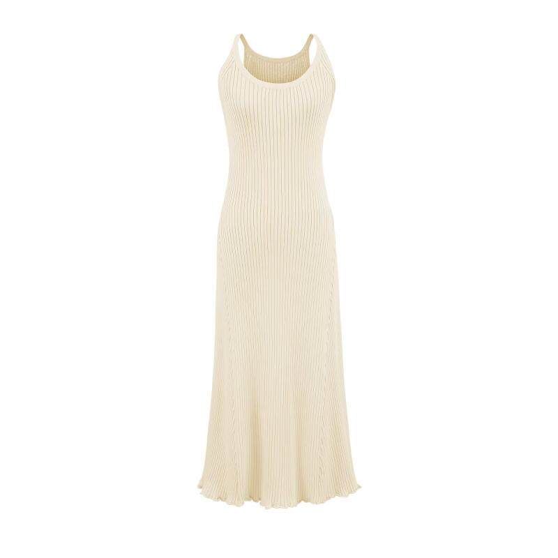 Spaghetti Strap Scoop Neck Plain Lettuce Edge Maxi A-Line Knit Dress