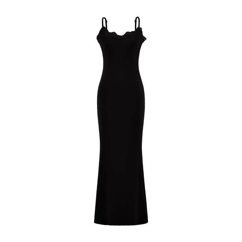 Spaghetti Strap Scoop Neck Plain Lace Trim Maxi Mermaid Dress
