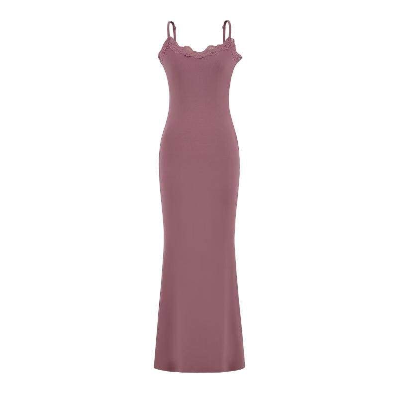 Spaghetti Strap Scoop Neck Plain Lace Trim Maxi Mermaid Dress