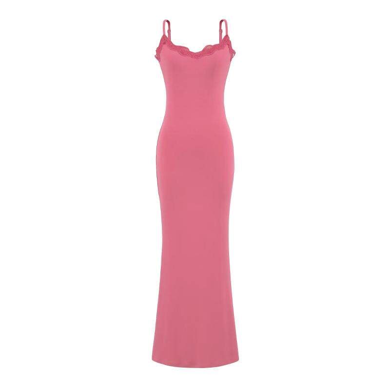 Spaghetti Strap Scoop Neck Plain Lace Trim Maxi Mermaid Dress