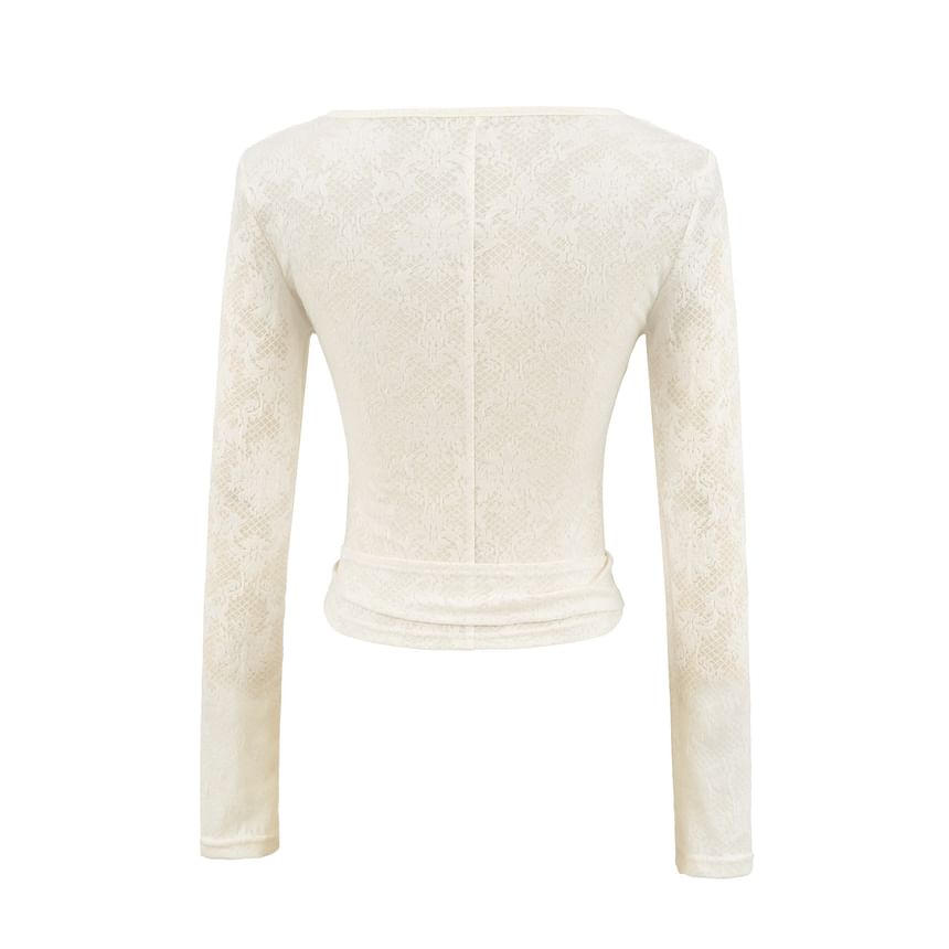 Long-Sleeve Henley Neck Plain Lace Top