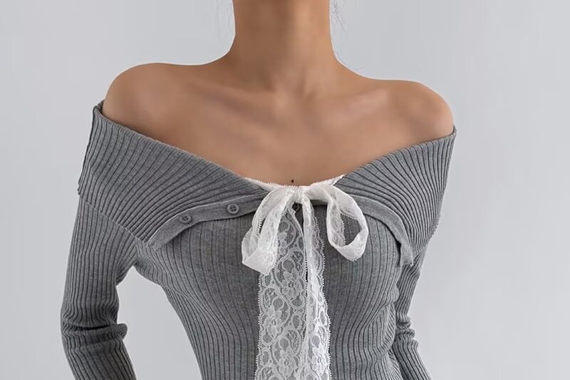 Long-Sleeve Cold Shoulder Lace Trim Button Up Knit Top