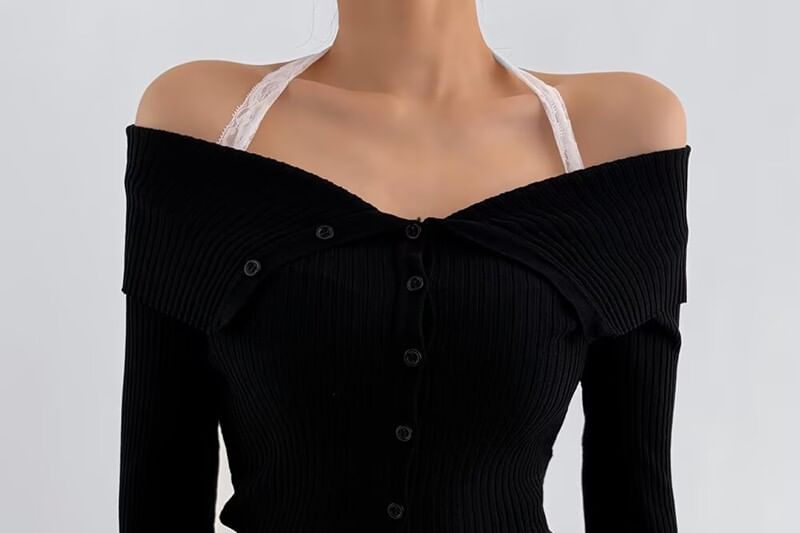 Long-Sleeve Cold Shoulder Lace Trim Button Up Knit Top