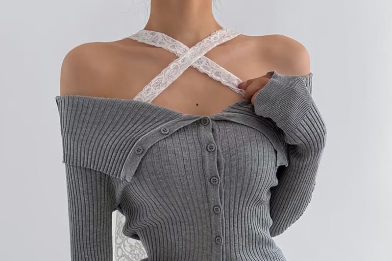 Long-Sleeve Cold Shoulder Lace Trim Button Up Knit Top