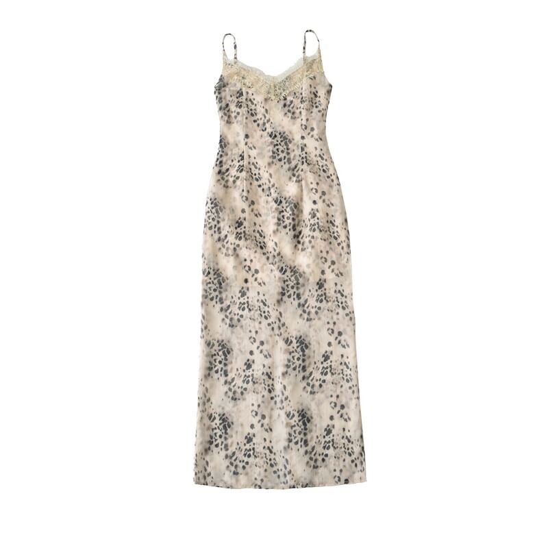 Spaghetti Strap V-Neck Leopard Print Lace Trim Maxi A-Line Dress