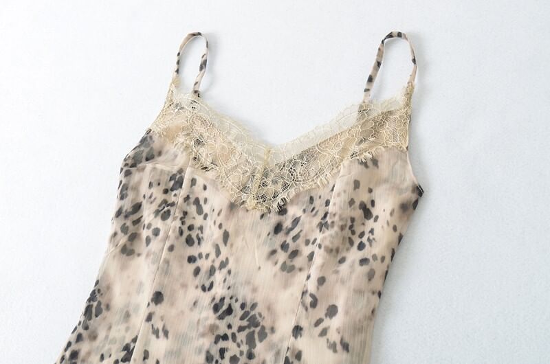 Spaghetti Strap V-Neck Leopard Print Lace Trim Maxi A-Line Dress