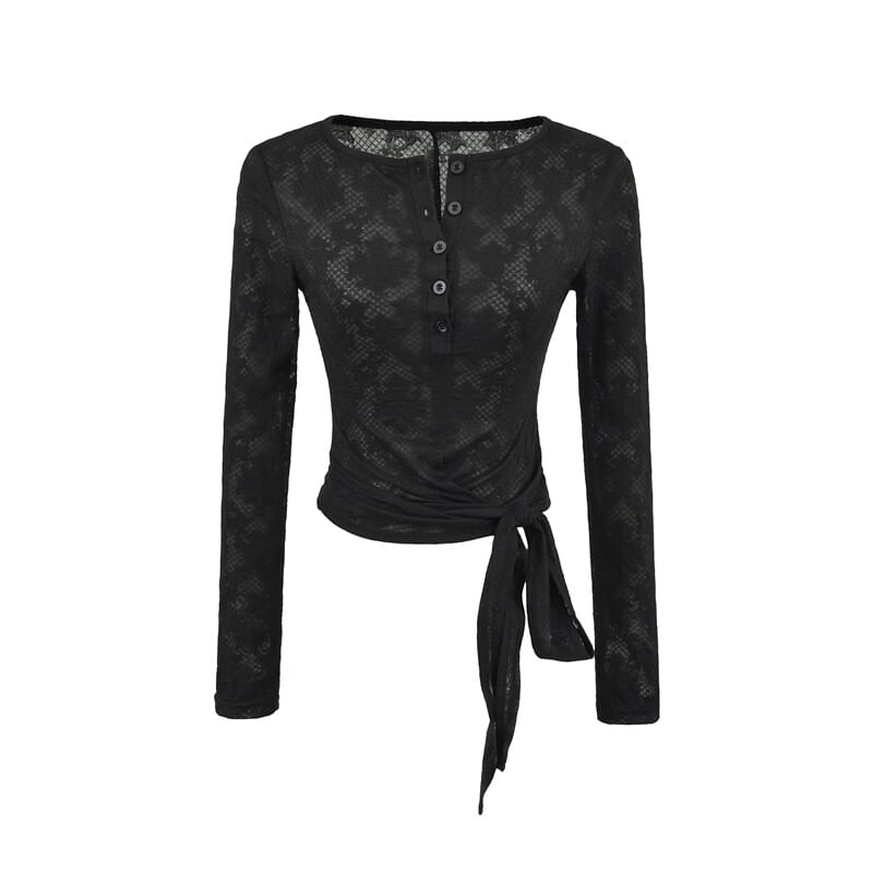 Long-Sleeve Boat Neck Lace Tie Waist Top