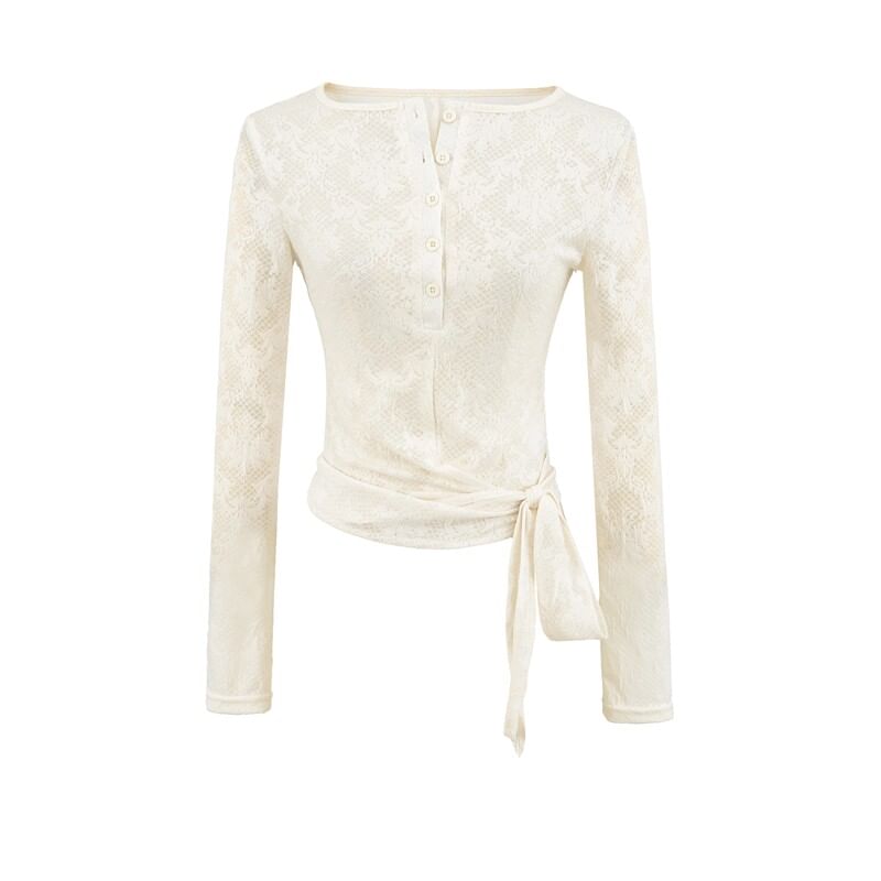 Long-Sleeve Boat Neck Lace Tie Waist Top