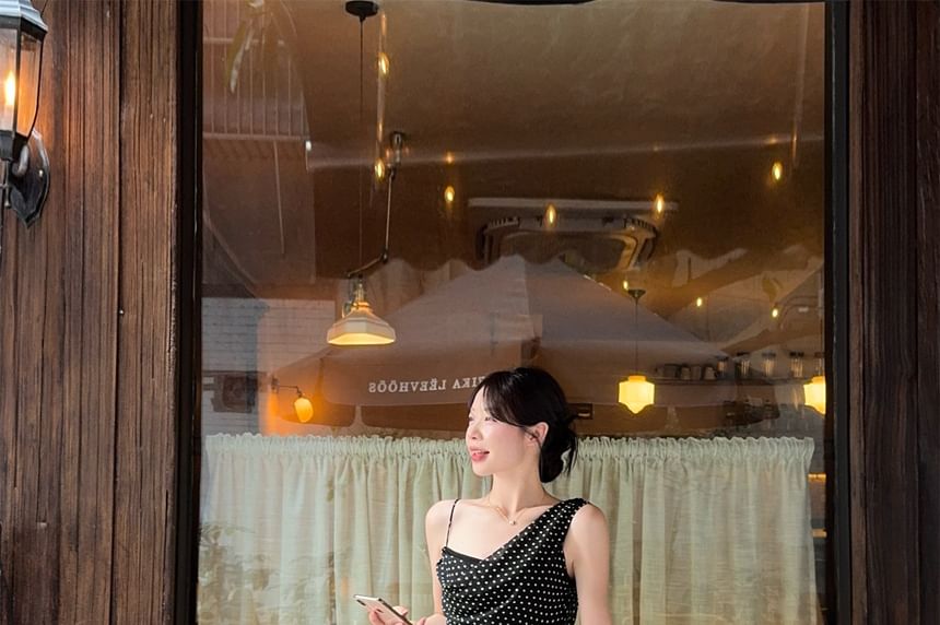 Sleeveless Polka Dot Asymmetrical Maxi Sheath Dress