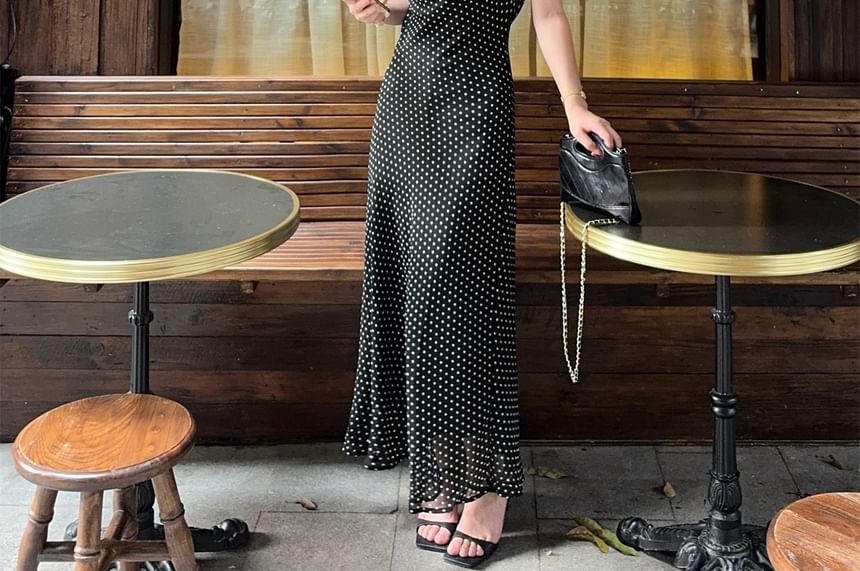 Sleeveless Polka Dot Asymmetrical Maxi Sheath Dress