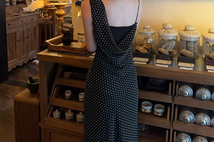 Sleeveless Polka Dot Asymmetrical Maxi Sheath Dress