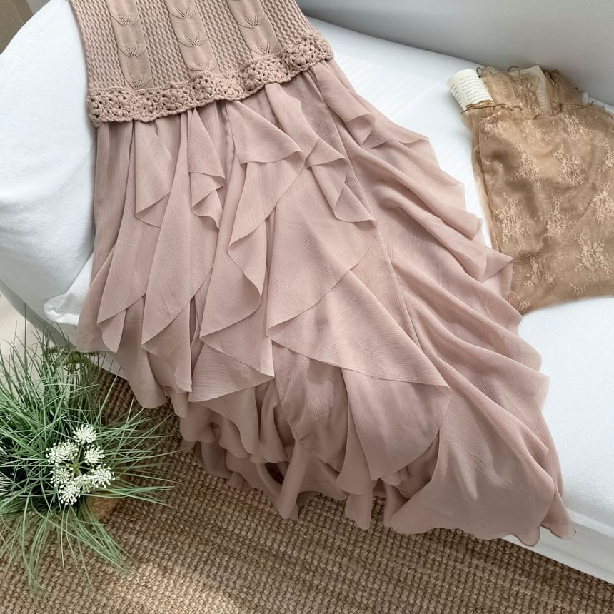 Sleeveless Mock Neck Ruffle Panel Cable Knit Maxi A-Line Dress / Long Sleeve Mock Neck Plain Lace Top