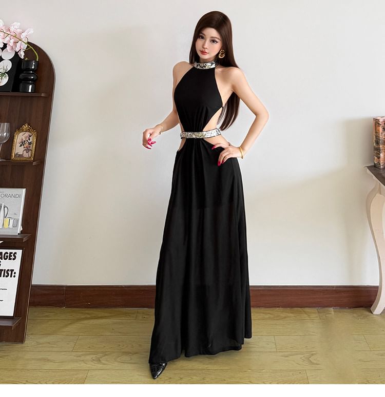 Sleeveless Embellished Cutout Plain Maxi A-Line Dress