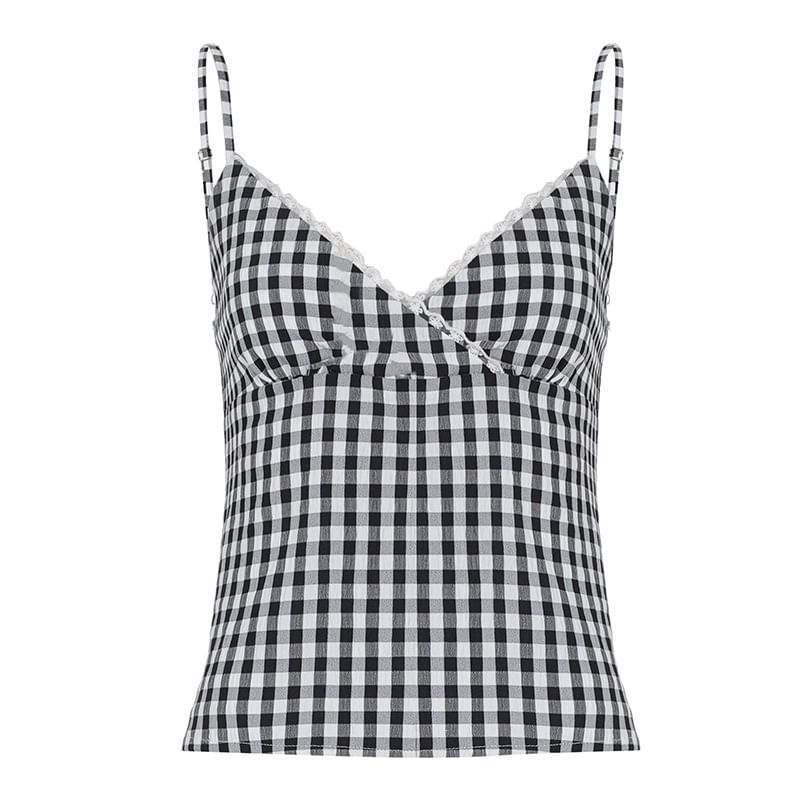 V-Neck Lace-Trim Checker Slim-Fit Crop Camisole Top