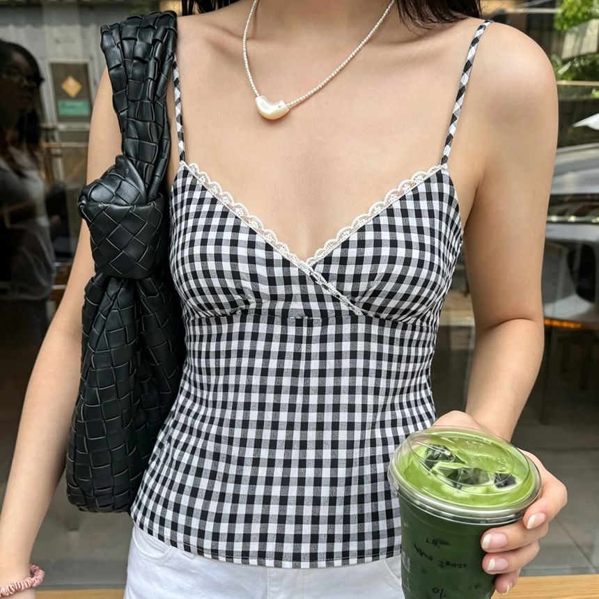 V-Neck Lace-Trim Checker Slim-Fit Crop Camisole Top