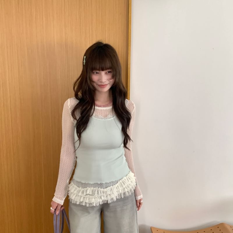 Long-Sleeve Crew Neck Ruffle Hem Lace Top