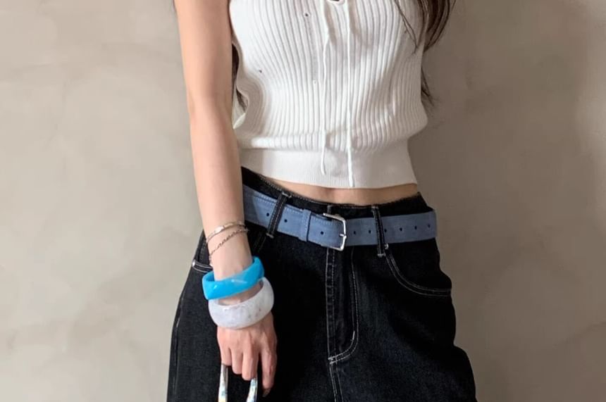 Cap-Sleeve Crew Neck Distressed Lace-Up Plain Crop Knit Top