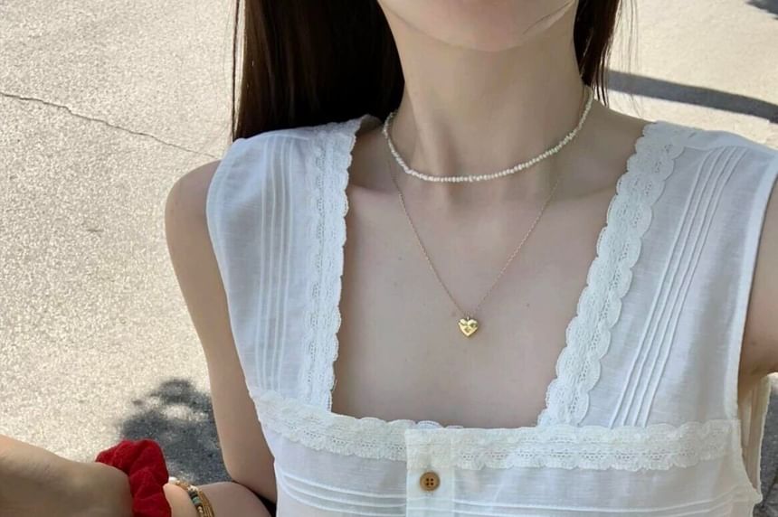 Square Neck Plain Lace Trim Flowy Tank Top