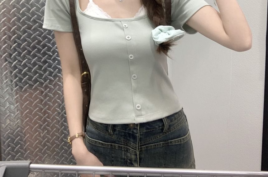 Mock Two-Piece Short-Sleeve Square Neck Tow Tone Lace Trim Crop T-Shirt