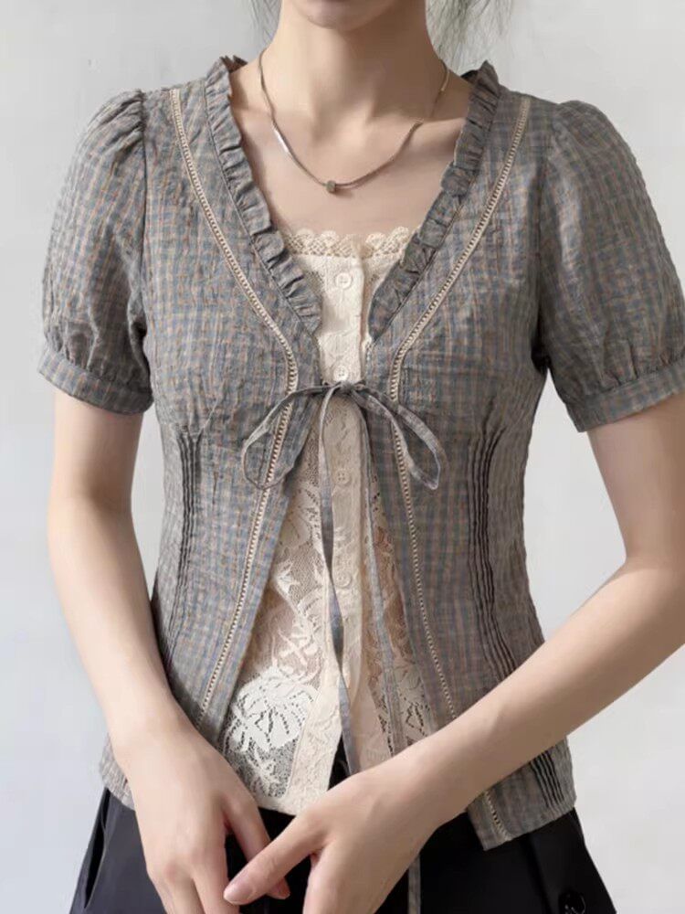 Mock Two-Piece Short-Sleeve V-Neck Plaid Lace Panel Tie Front Blouse