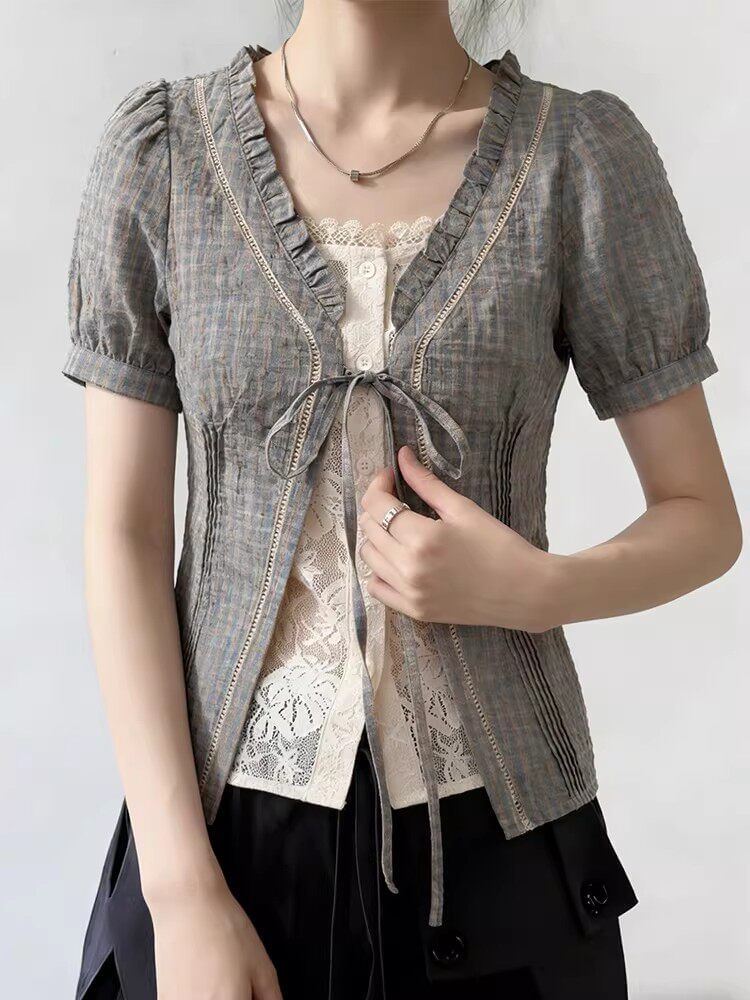 Mock Two-Piece Short-Sleeve V-Neck Plaid Lace Panel Tie Front Blouse