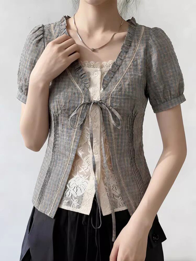Mock Two-Piece Short-Sleeve V-Neck Plaid Lace Panel Tie Front Blouse