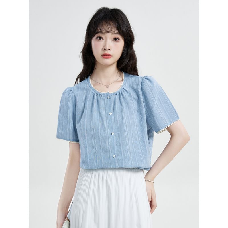 Short-Sleeve Crew Neck Striped Lace Trim Button-Up Blouse